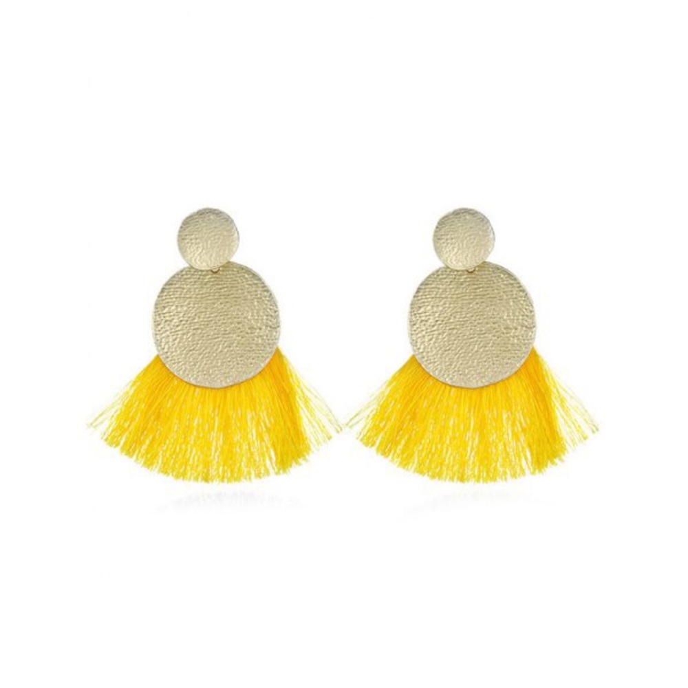 Gold disk yellow fringe earrings